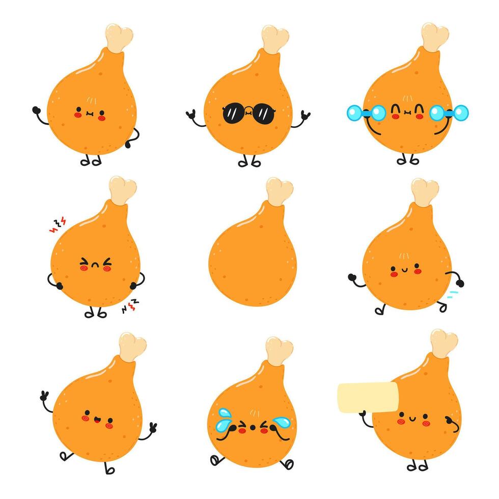 Adorable cartoon fried Chicken Drumsticks showing different emotions and activities on a white background. vector