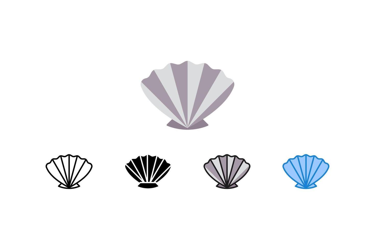 This illustration set features various renditions of a seashell icon, suitable for coastal-themed designs or nautical projects. The clean lines and minimalist style offer versatility for branding, vector
