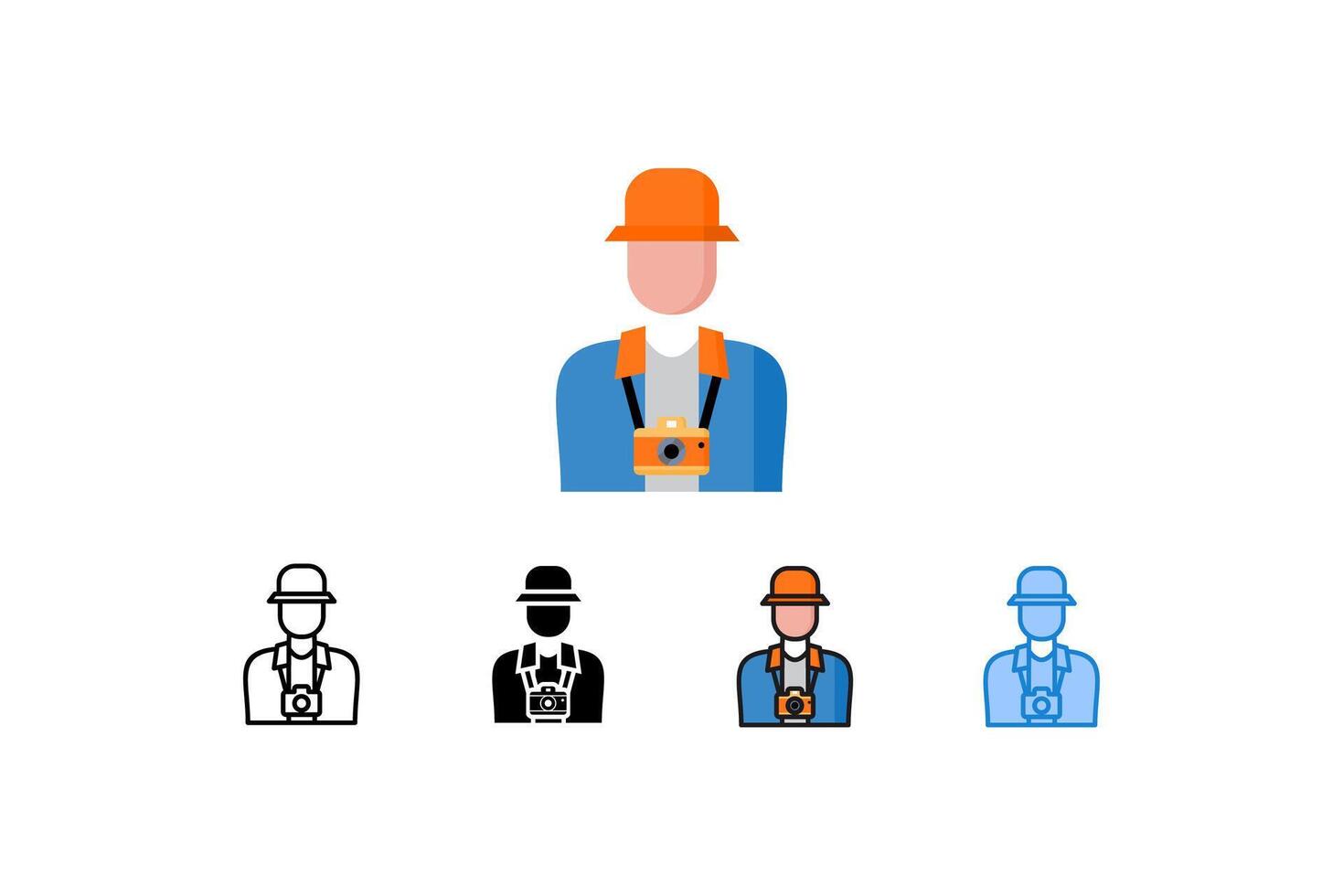 Illustration of a faceless tourist icon wearing a blue jacket and hat, with a camera hanging around his neck. Image available in various styles, editable. vector