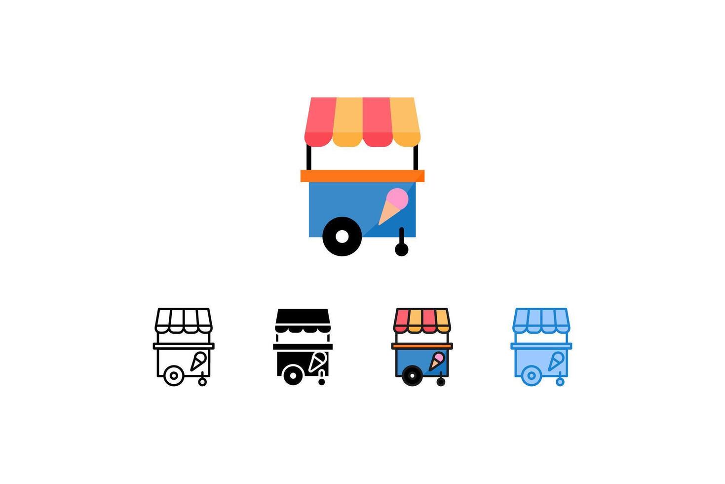 This illustration features a cute and vibrant set of ice cream cart icons in different styles, ideal for food-related design or summer-themed graphics. Perfect for website elements, or printable. vector