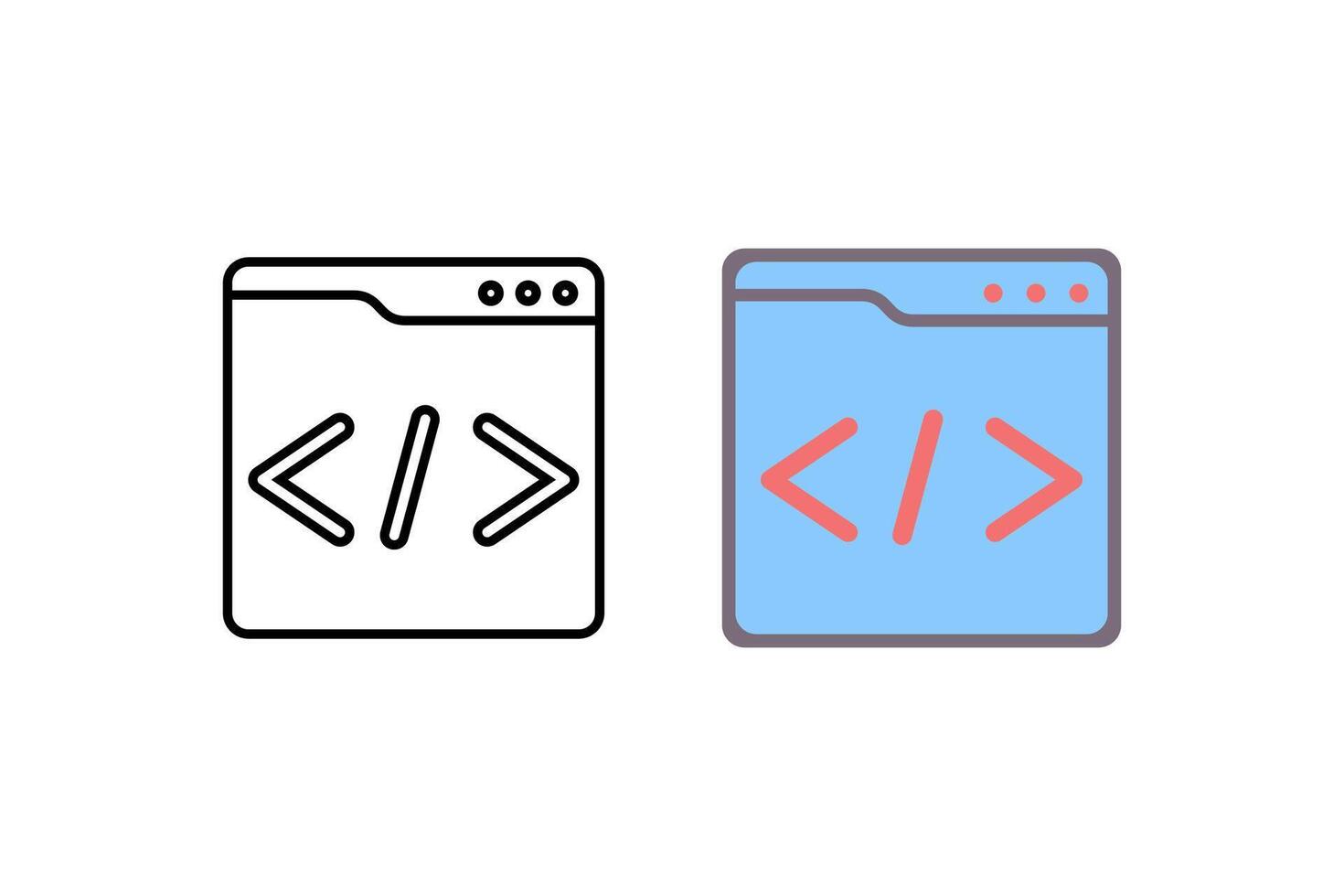 Flat icon of a browser window with HTML code brackets, representing web development, coding, or programming. Perfect for tech, software, or developer-related content. vector