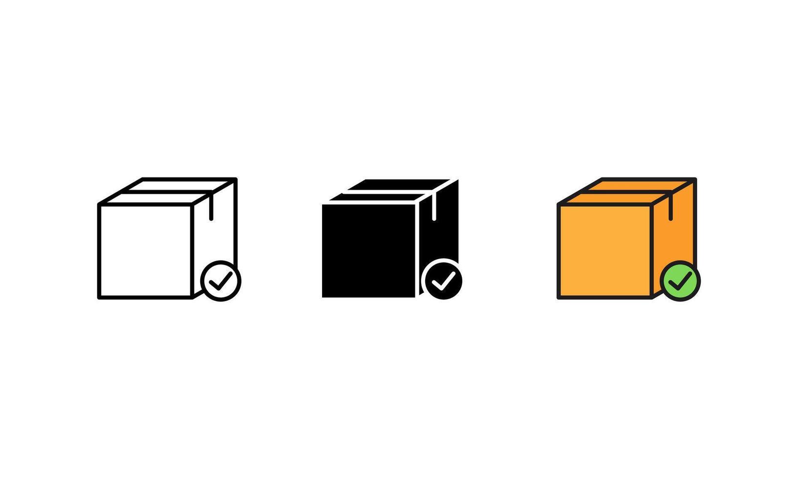 Simple desain illustration of a delivery box or package with a checkmark icon, representing successful delivery, confirmation, or order completion. Available in three different graphic styles. vector