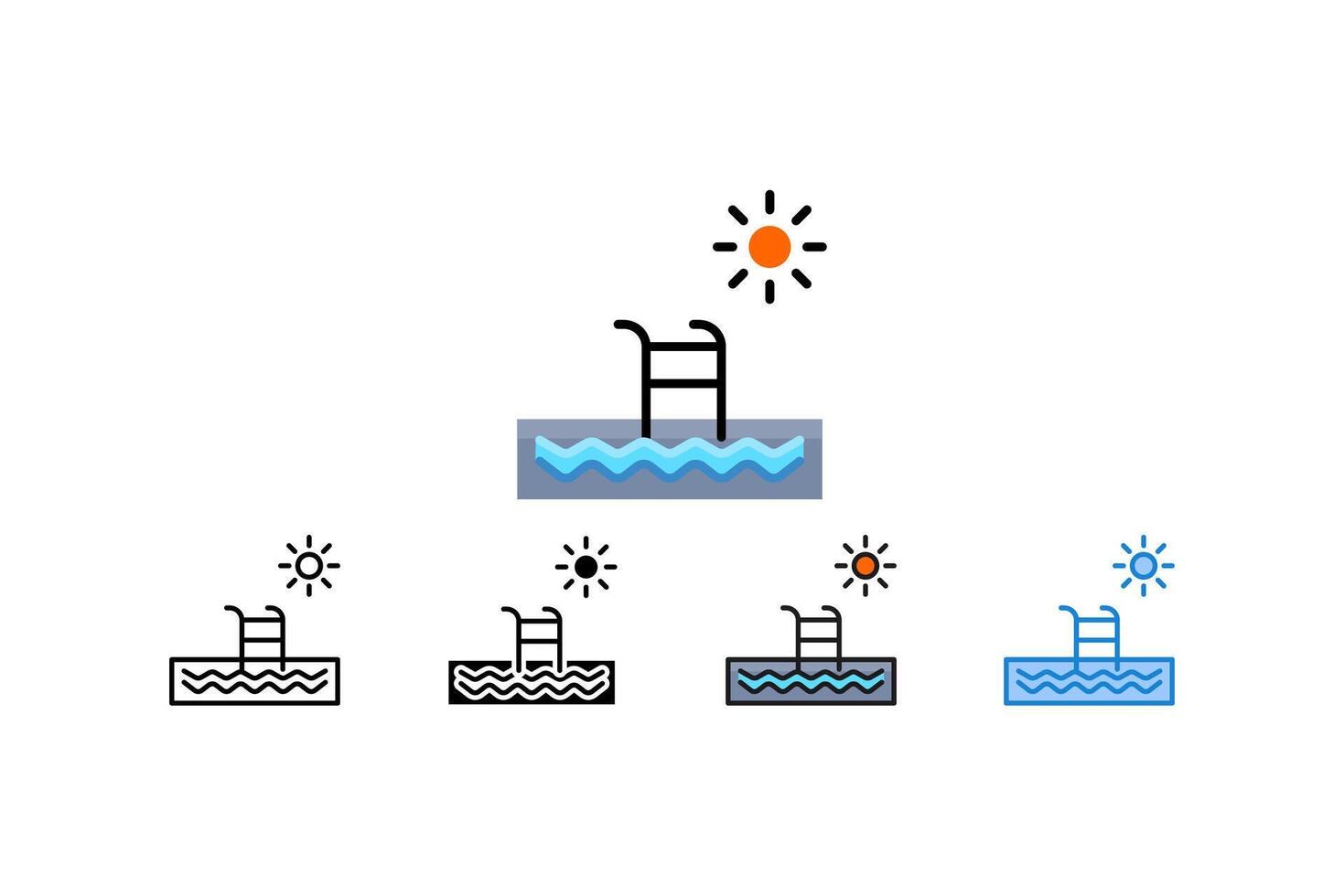This illustration depicts a swimming pool with stairs,sparkling water,and the sun shining above it.The simple design of the icon makes it ideal for use in vacation guides and summer promotional vector