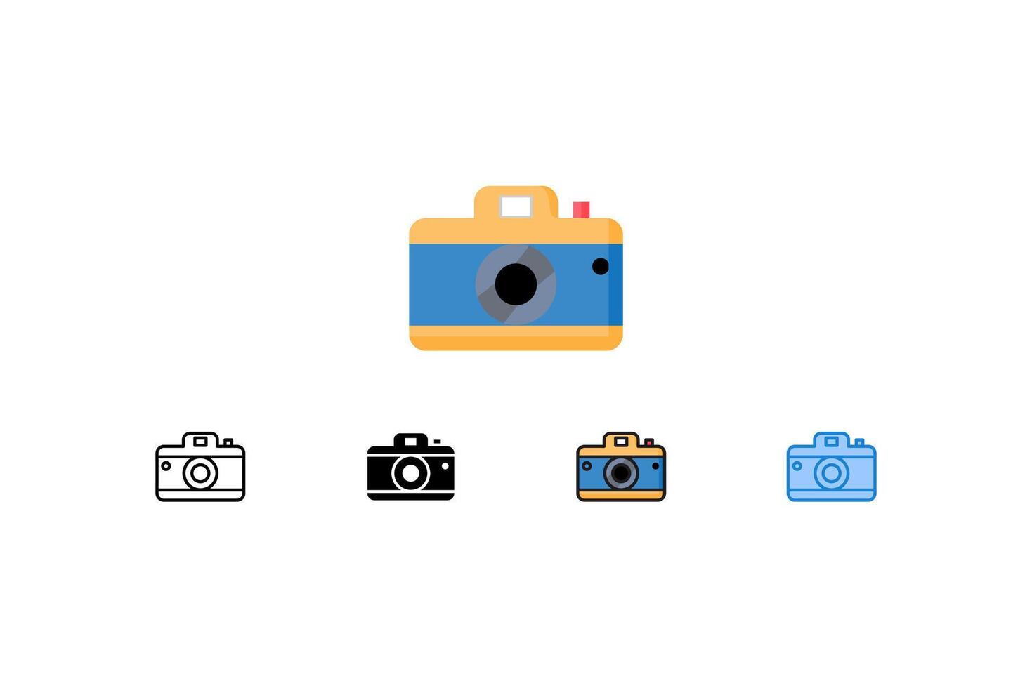 This icon set showcases a camera in various styles, perfect for representing photography, videography, or memories. Available in colorful, line art, or solid styles. vector