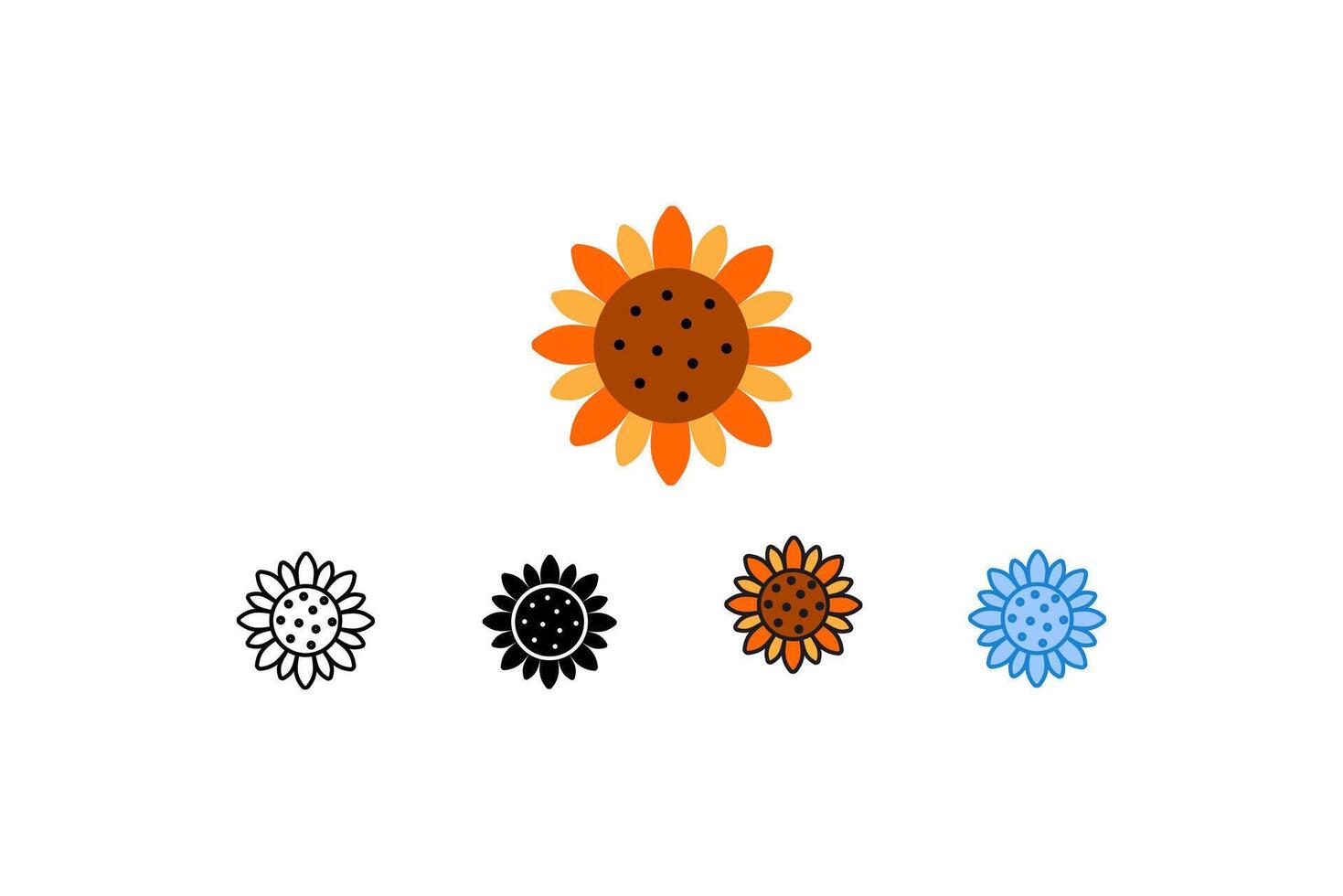 This image features sunflower icons in five different styles, suitable for use in a variety of summer-themed design projects. vector