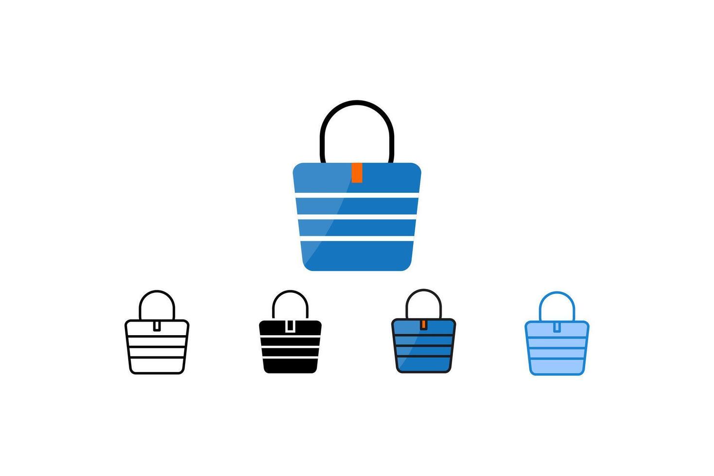 This set features four variations of beach bag icons, ranging from line art to solid and colored fill styles, ideal for summer travel and retail promotions. vector