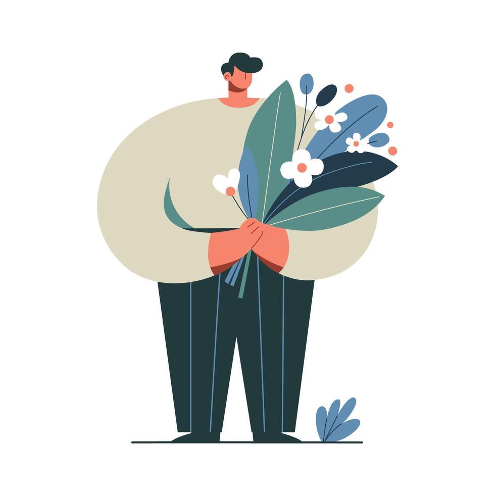 Man standing, full length, holding a bouquet of flowers in his hands. Color illustration in flat style. vector