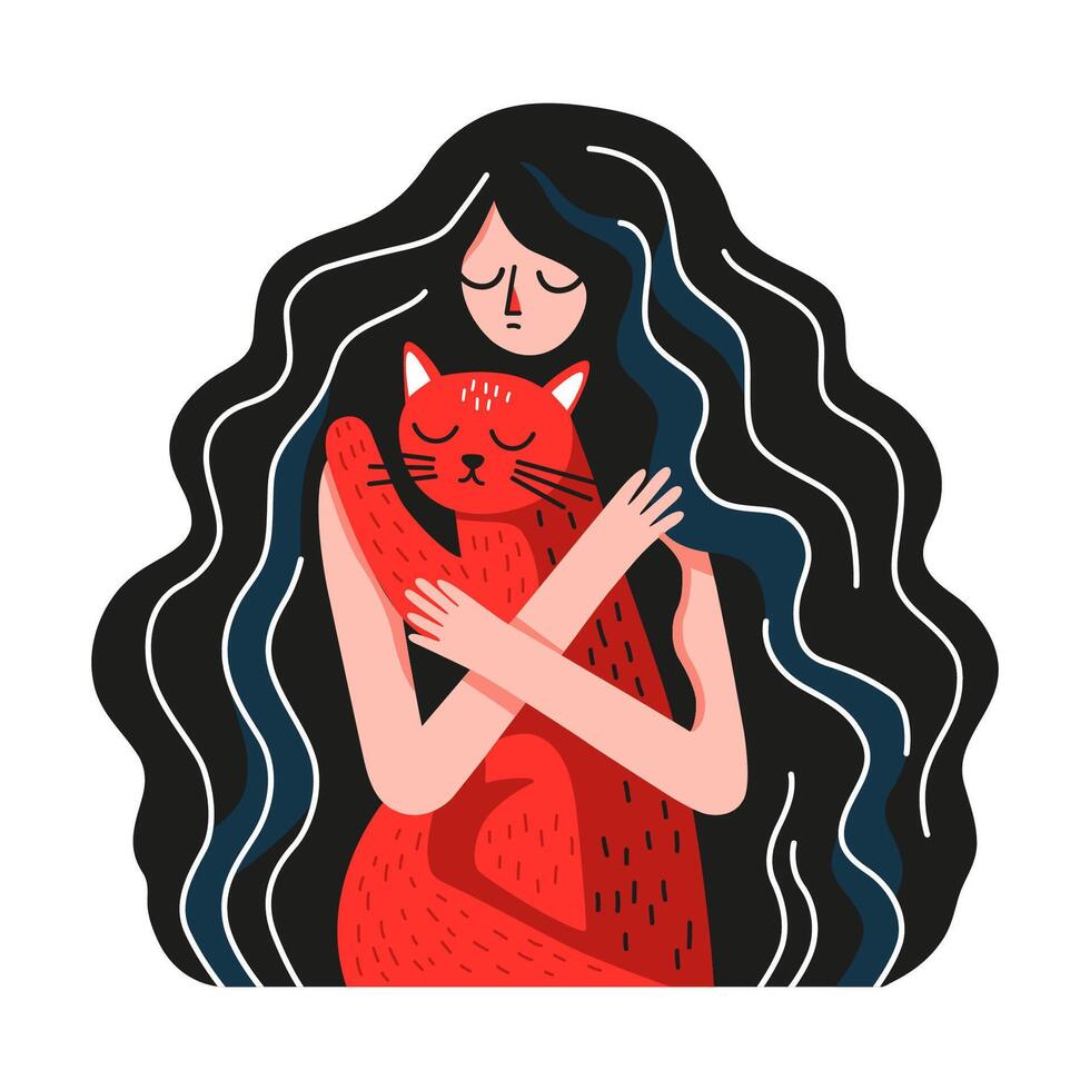 Young woman with long wavy hair hugging a ginger cat. Color illustration in flat style. vector
