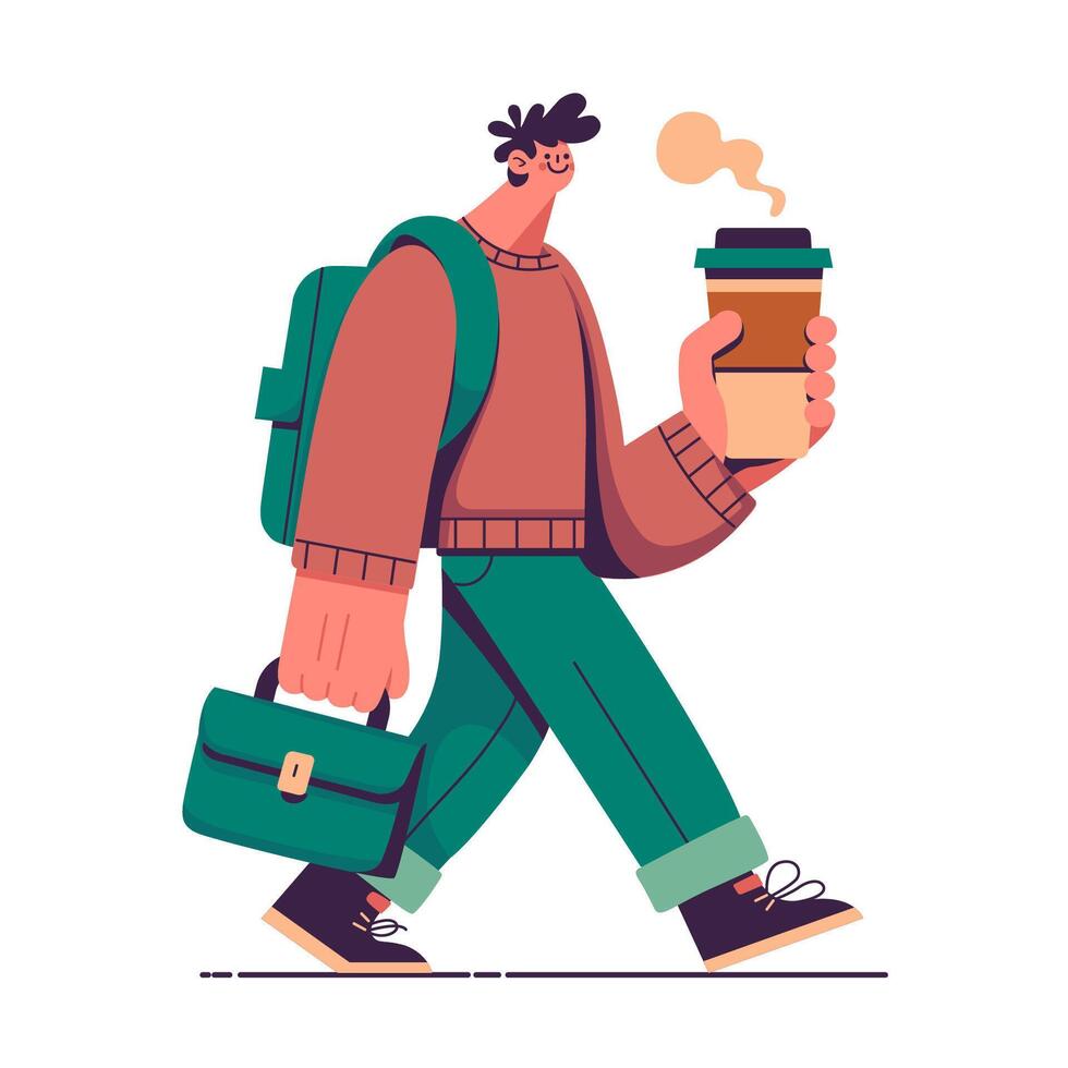 A young smiling man walks holding a glass of coffee in his hand, carrying a backpack on his back, and a briefcase in his hand. vector