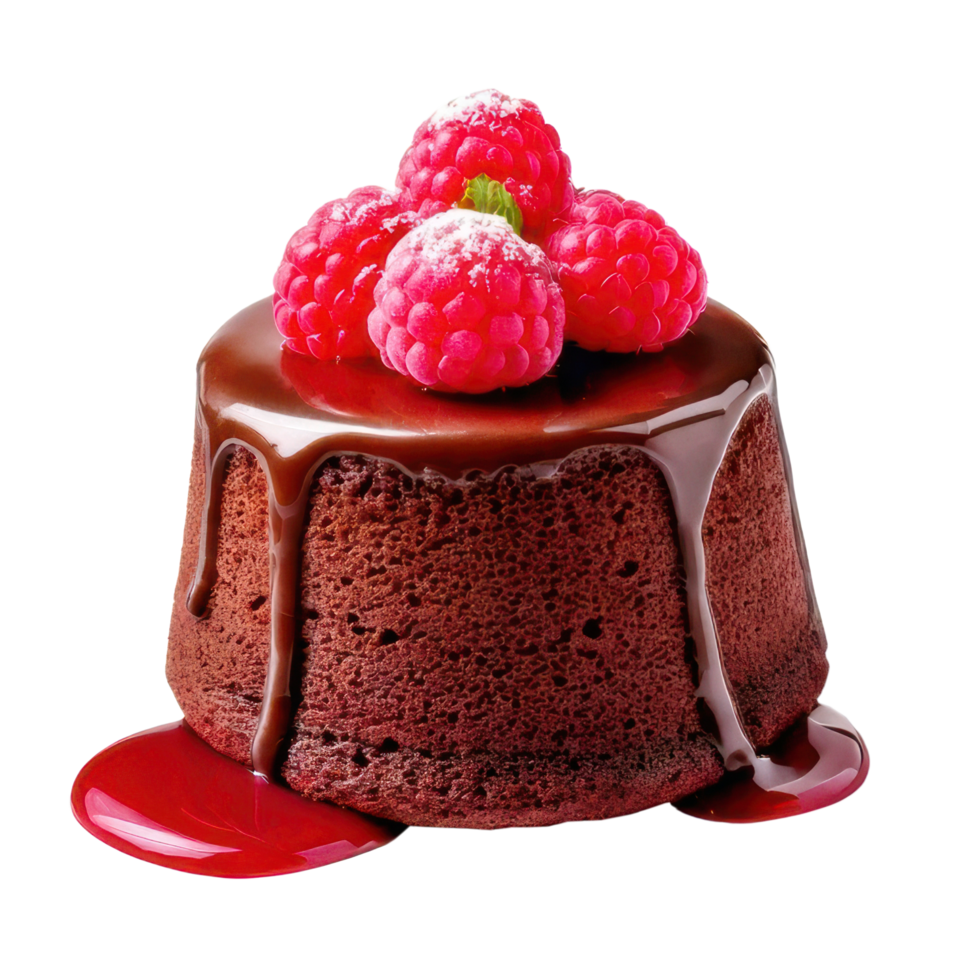 Homemade chocolate lava cake topped with raspberries png