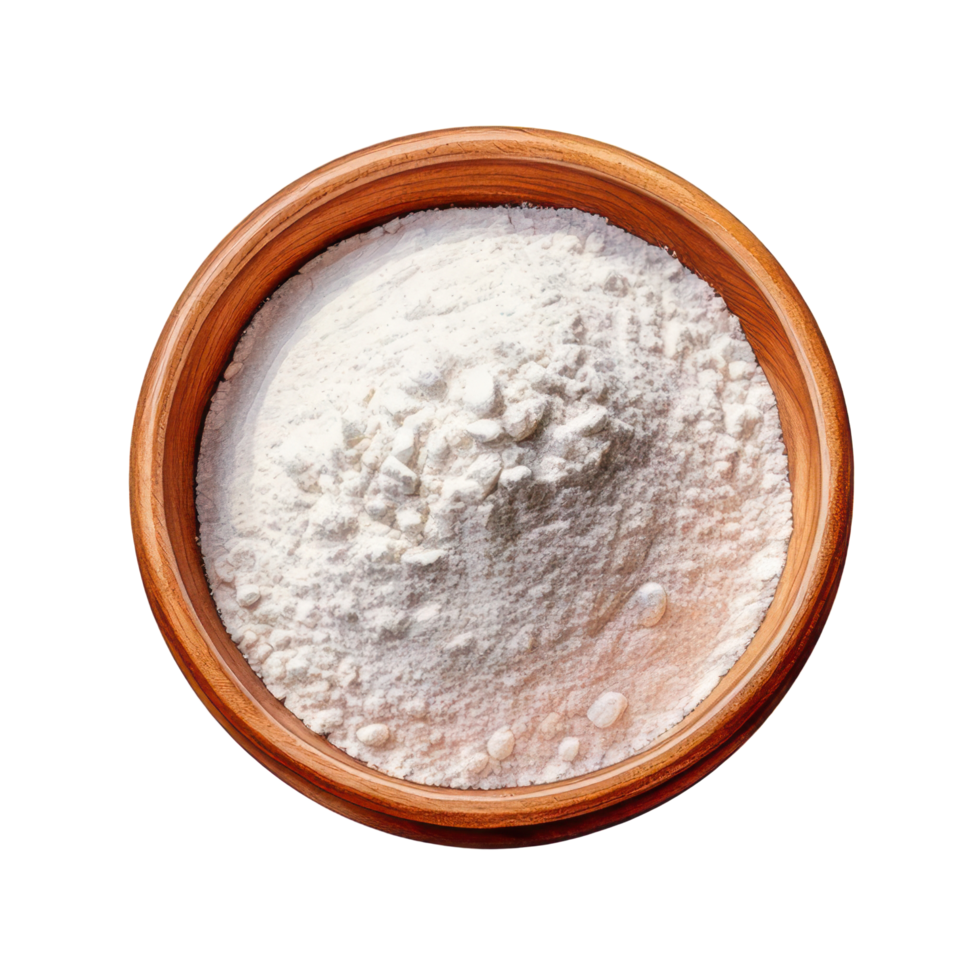 Watercolor baking powder in wooden bowl clip art illustration. Top view png