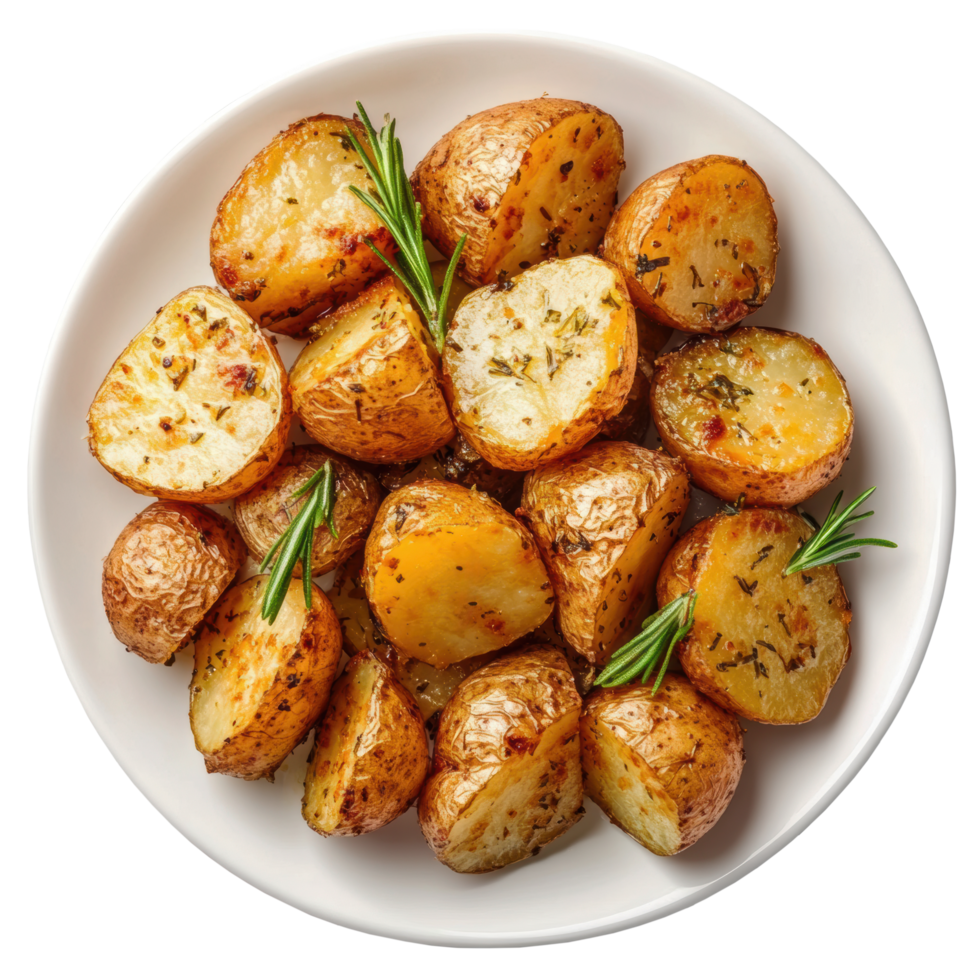Crispy roasted potatoes in white dish. Top view png