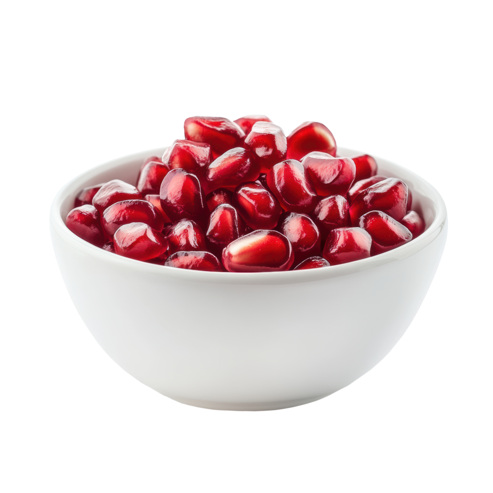 Fresh Pomegranate seeds in a white bowl at studio png