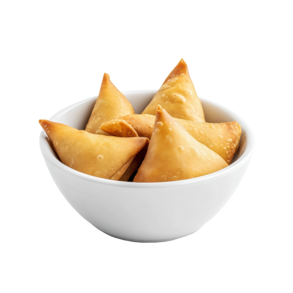 Indian Samsa or samosas with meat and vegetables in white bowl png