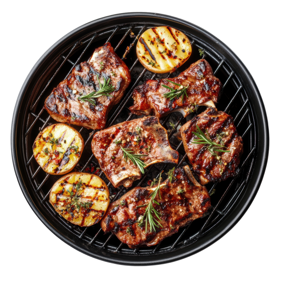 Deliciously barbecue grilled meat with potato and mixed grill platter with sauce. Top view png