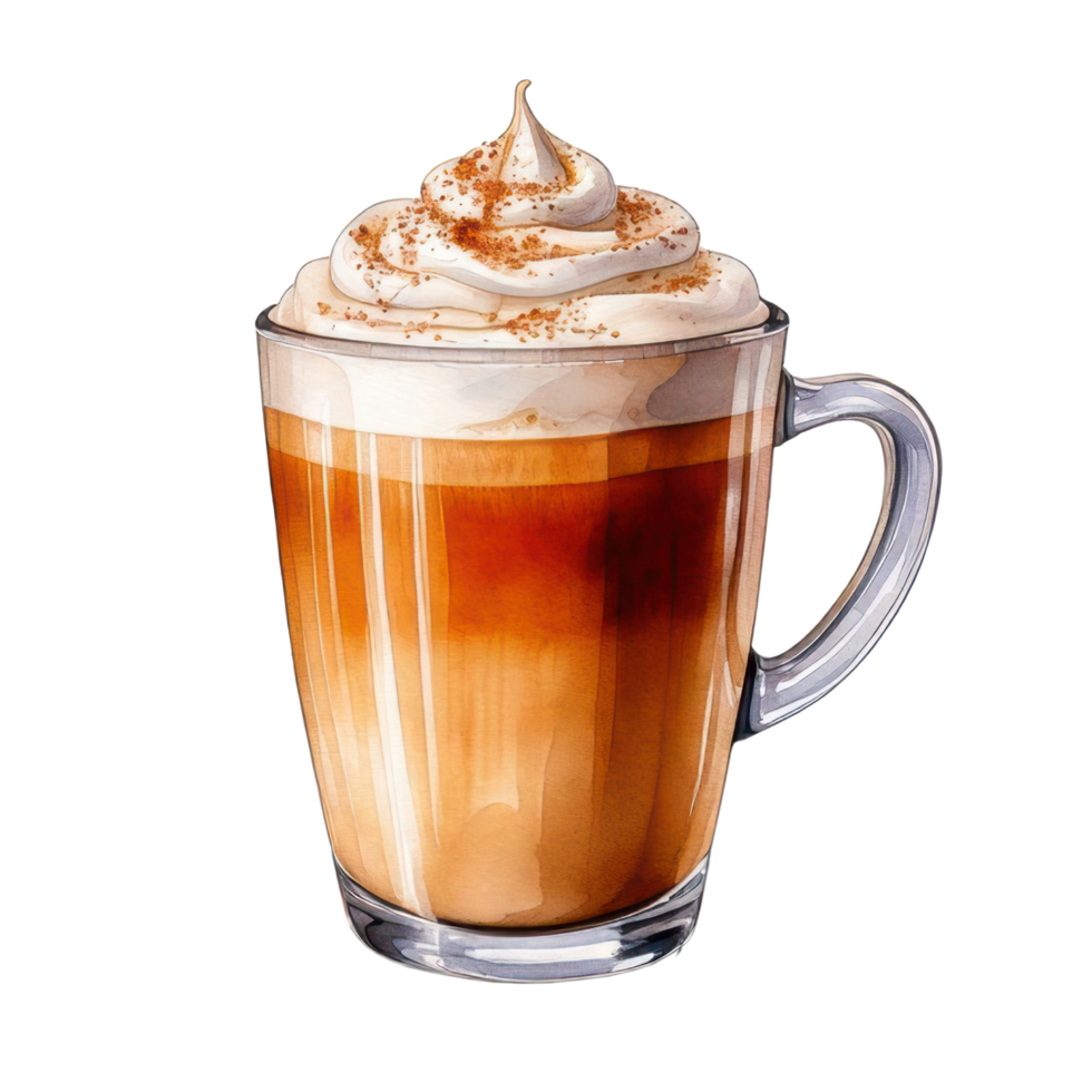 Watercolor glass of hot espresso macchiato coffee latte with cream clip art illustration png