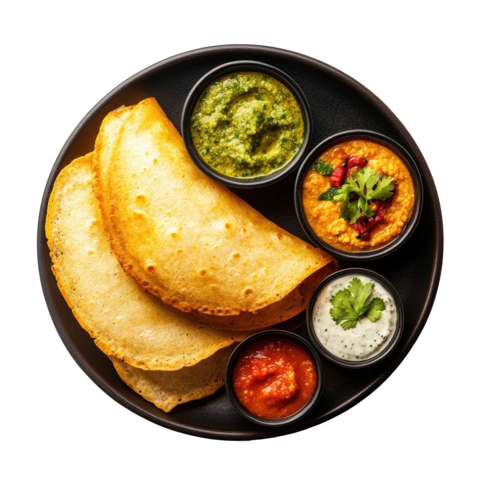 Indian dosa crispy fermented crepes served with coconut chutney and sambar in black plate. Top view png
