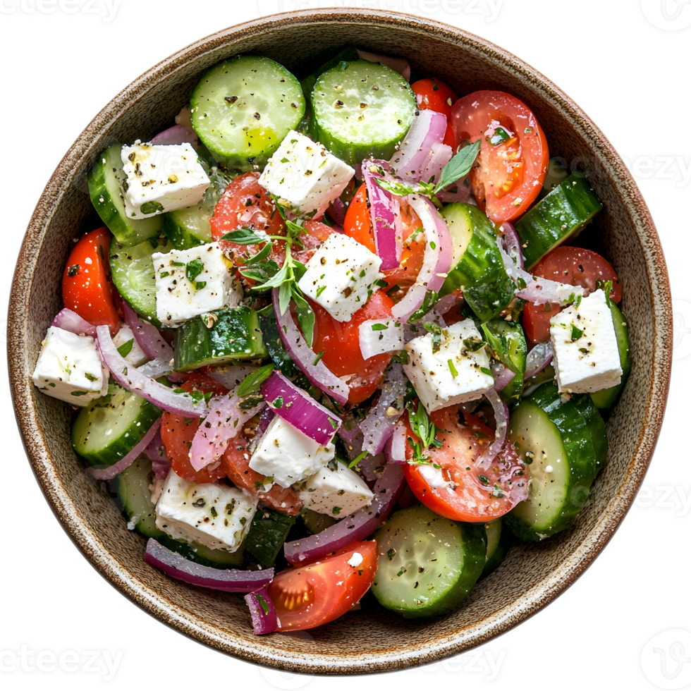 Close Up Of A Freshly Prepared Greek Salad With Colorful Vegetables And Feta Cheese On A Rustic Bowl With Transparent Background png