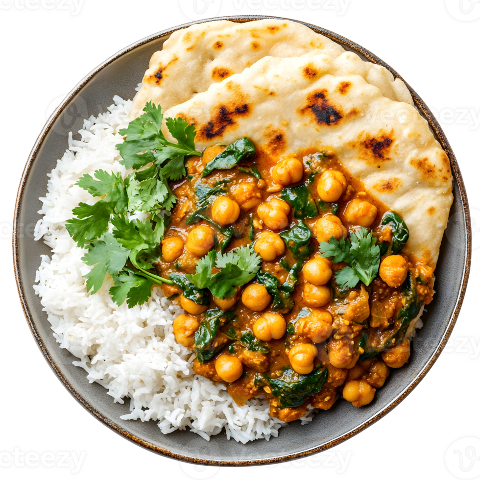 Overhead View of Chickpea Curry with Rice and Naan on a Plate with Cilantro Garnish png