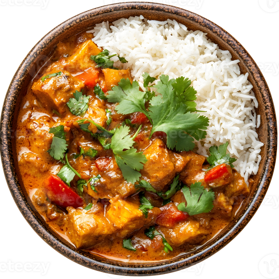 Overhead View of a Bowl Containing Curry and Rice with Garnishing Cilantro on Transparent Background png