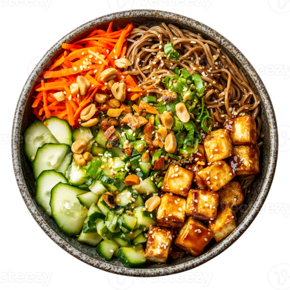 Overhead View of a Vegetarian Soba Noodle Bowl Featuring Tofu Carrots and Cucumbers Arranged with Garnishes on a Transparent Background png