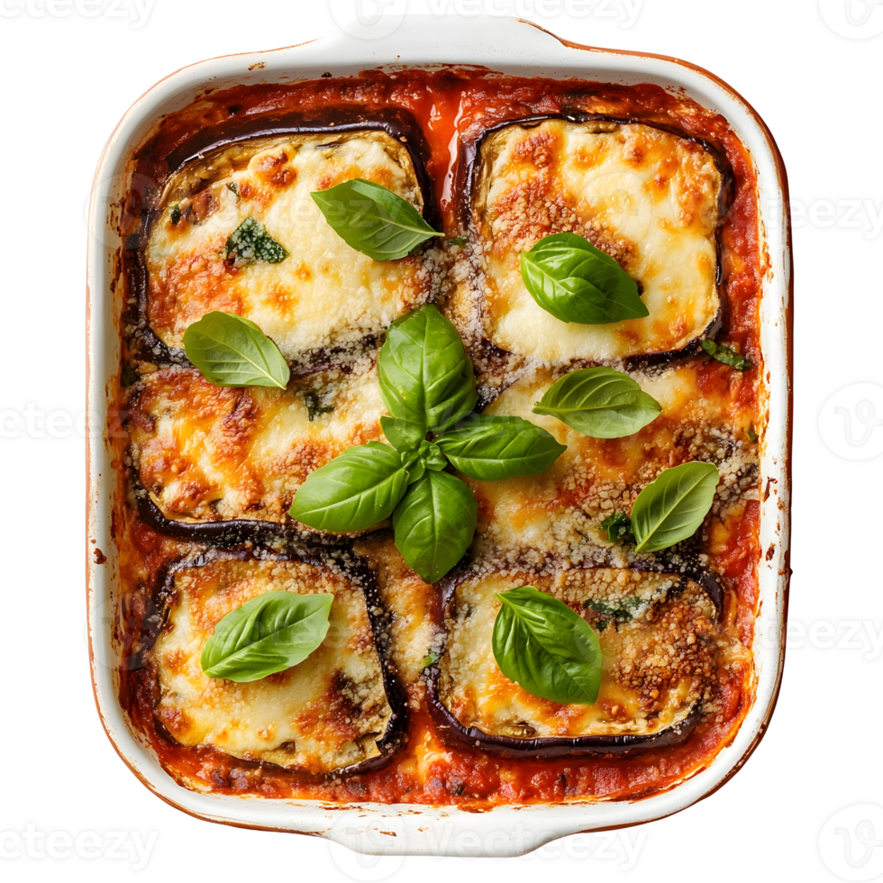 Overhead View Of Baked Eggplant Parmesan With Cheese And Fresh Basil Leaves In White Rectangular Baking Dish Isolated On Transparent Background png