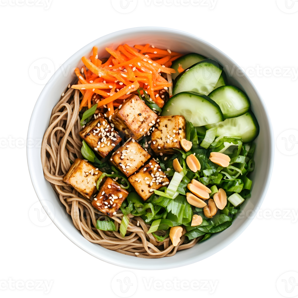 Overhead View of a Vibrant Vegan Soba Noodle Bowl with Colorful Vegetables Sesame Seeds and Tofu Cubes png
