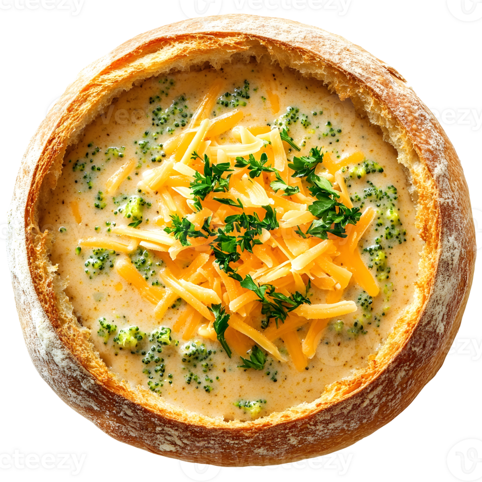 Creamy Broccoli Cheese Soup Served Inside Hollowed Out Bread Bowl with Shredded Yellow Cheese and Fresh Green Parsley on Transparent Background png