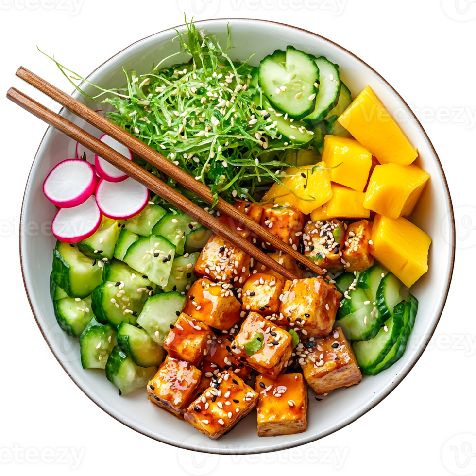 Overhead View of a Vibrant Vegetarian Bowl Featuring Tofu Mango Cucumber and Radish with Sesame Seeds and Chopsticks png
