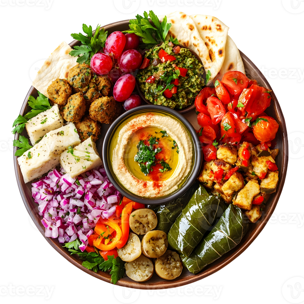 Overhead View Of A Colorful Mediterranean Mezze Platter With Hummus Falafel Grapes Tomatoes And Bread On Transparent Background png