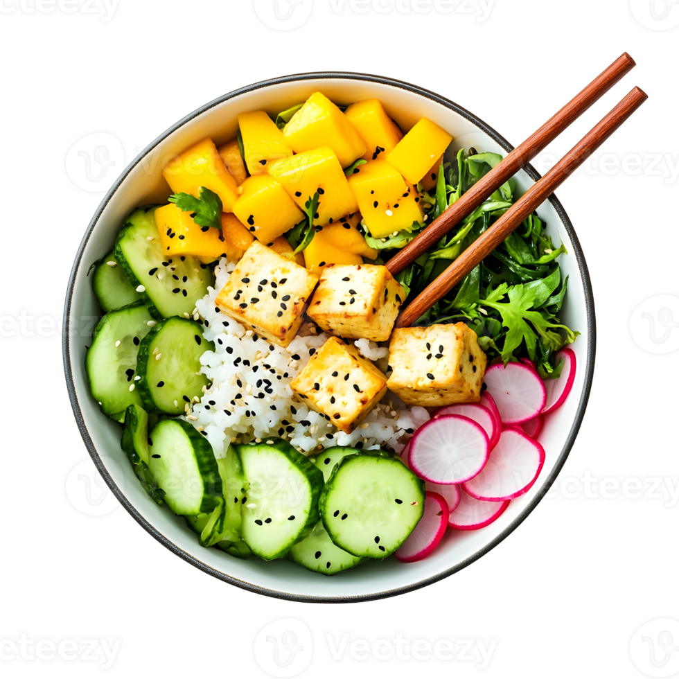Vibrant Vegetarian Bowl Arrangement With Rice Tofu Mango Cucumber and Radish Garnished With Sesame Seeds and Chopsticks on Transparent Background png