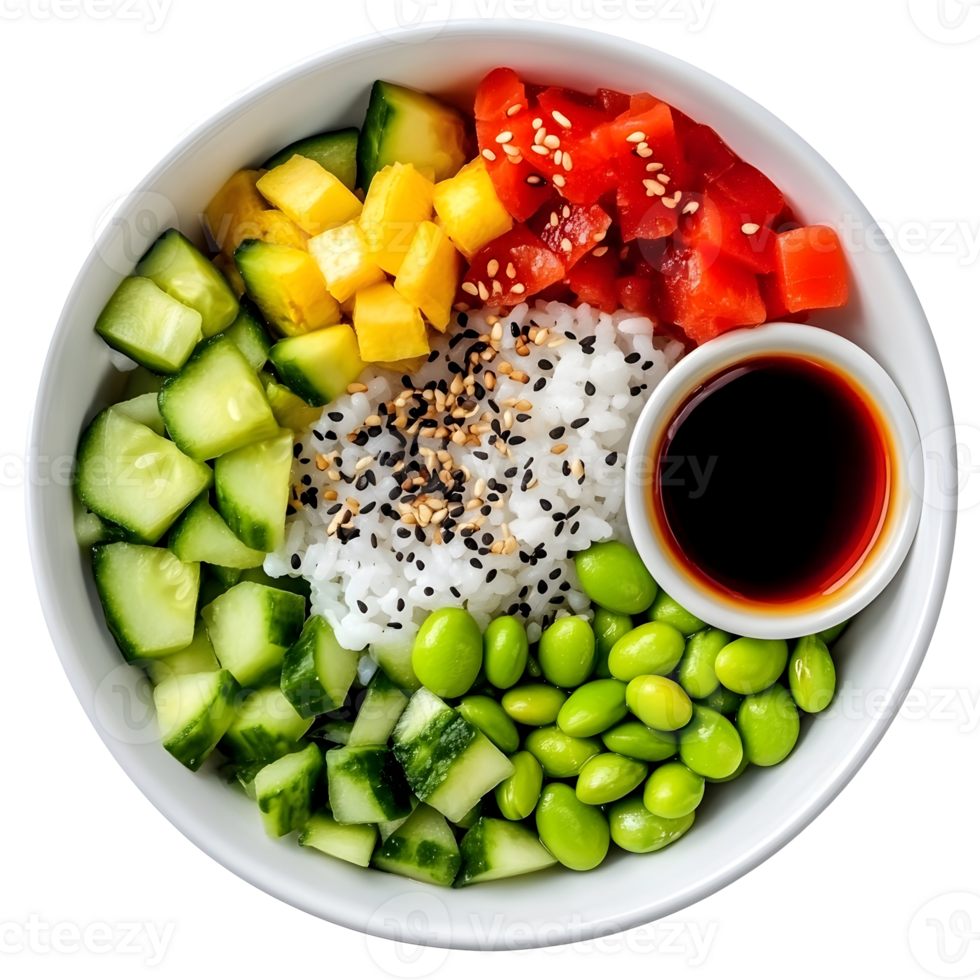 Overhead View of a Colorful Poke Bowl Arranged on Transparent Background Featuring Fresh Ingredients png