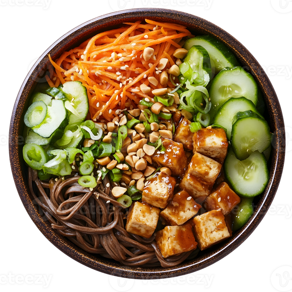 Overhead Shot of a Bowl of Soba Noodles with Tofu Carrots Cucumbers and Peanuts in a Dark Bowl on Transparent Background png