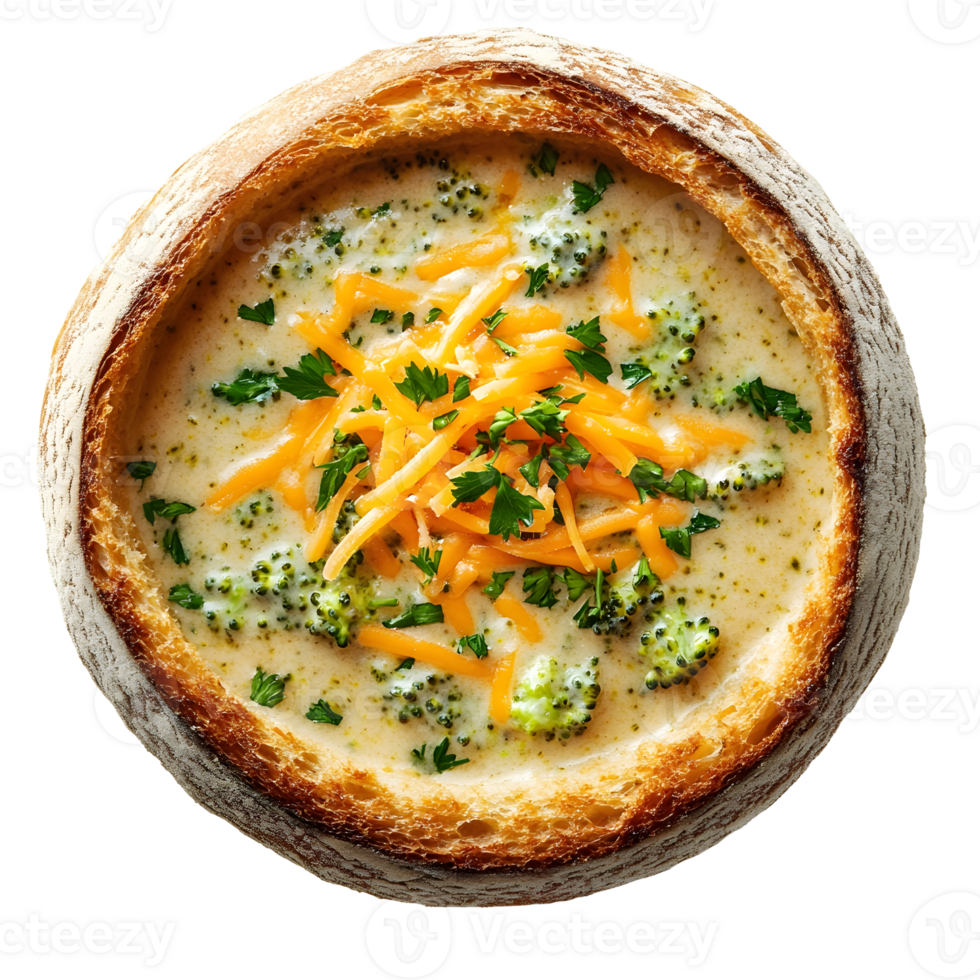 Broccoli Cheddar Soup Served In a Round Bread Bowl Garnished with Shredded Cheese and Fresh Parsley on Transparent Background png