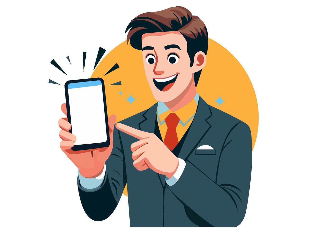 A young man in a suit points excitedly at his smartphone. vector