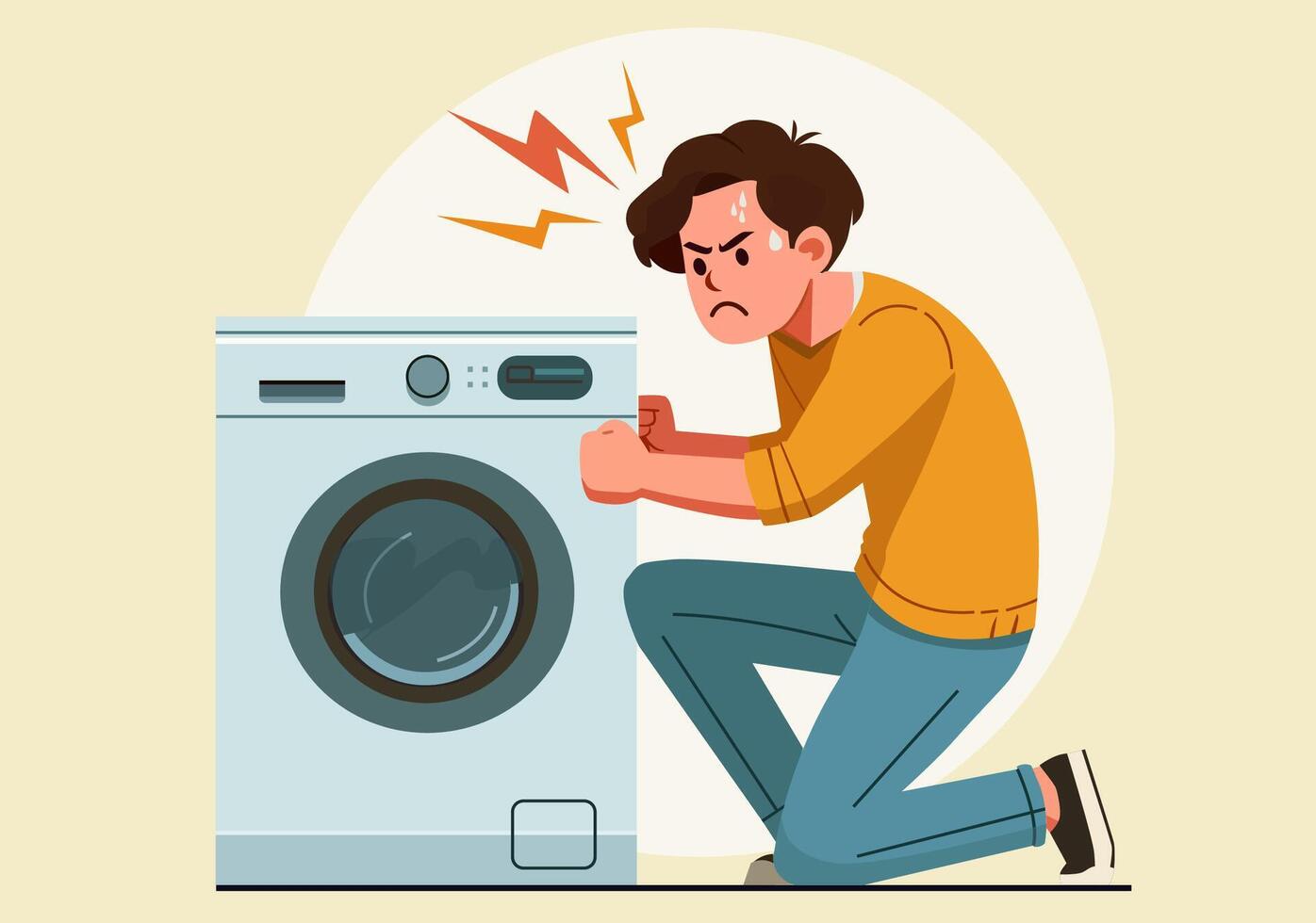 Young man gets angry at washing machine that doesn't work vector