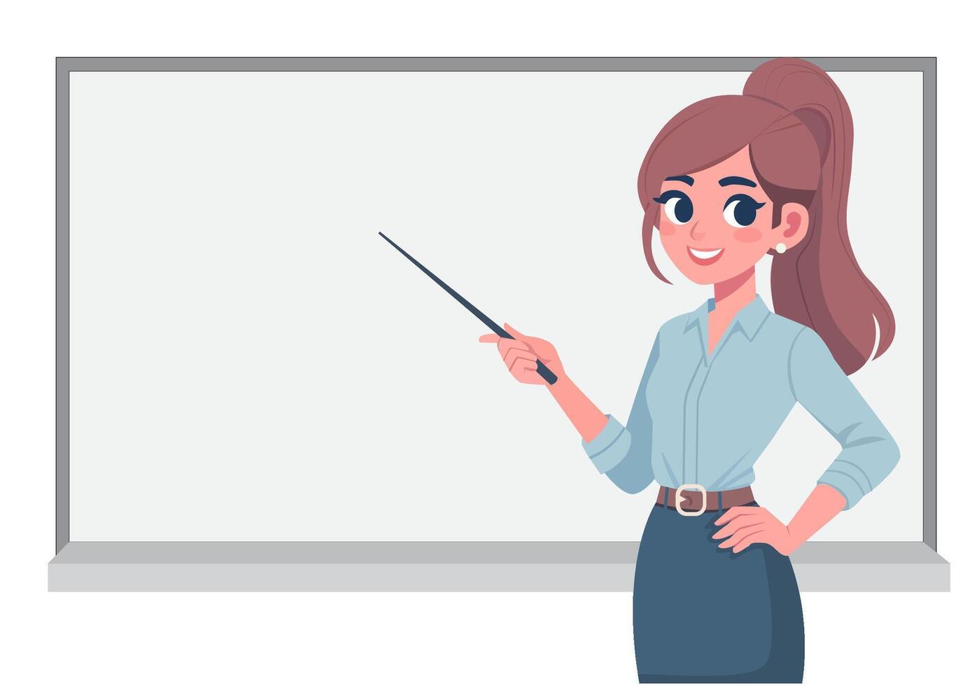 A female teacher is teaching, pointing at the board. vector