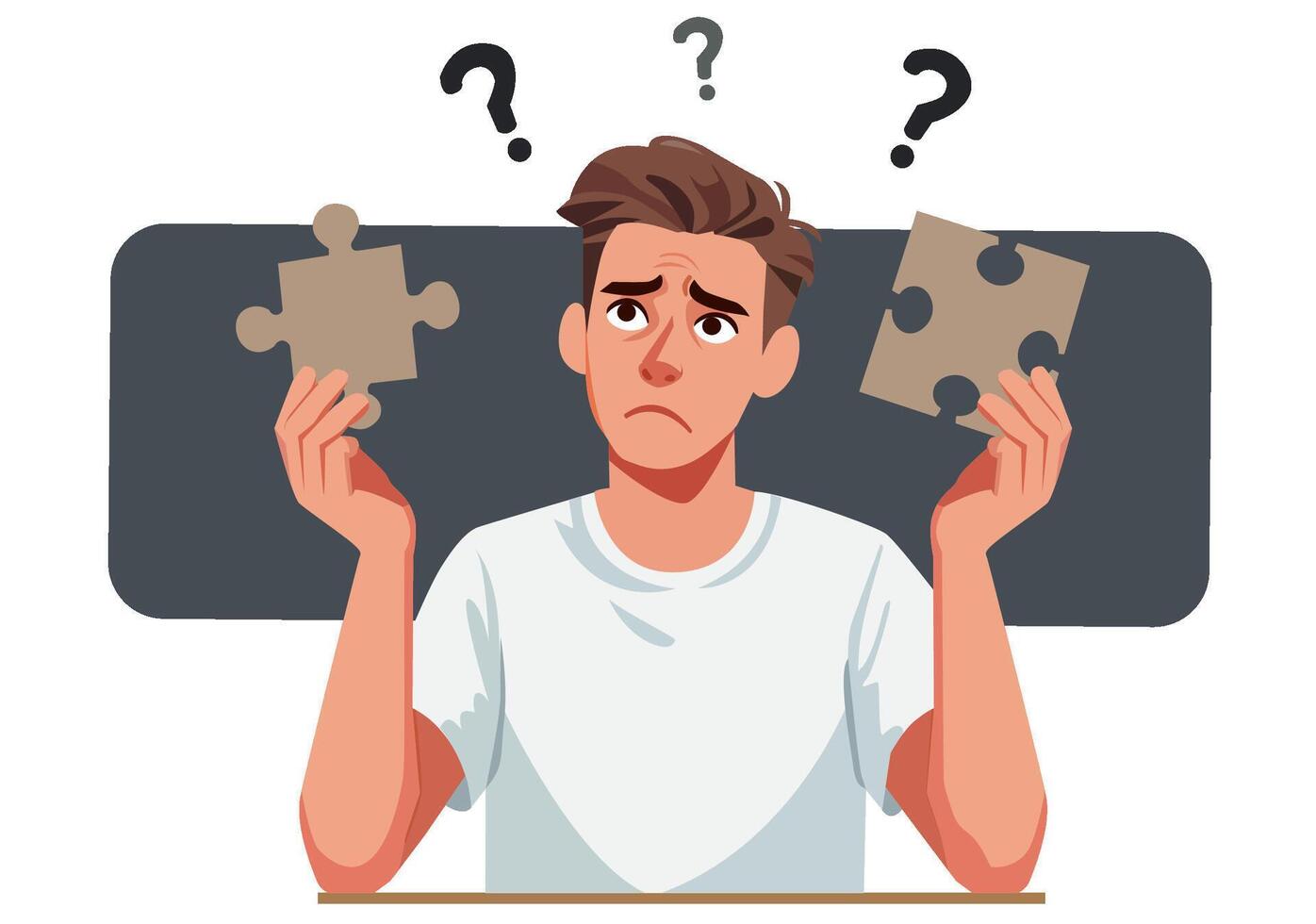 A man is confused about putting together a jigsaw puzzle. vector