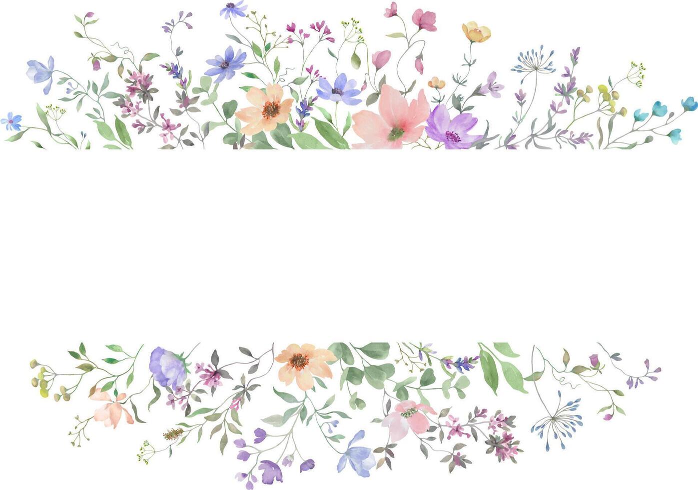 Watercolor floral frame with delicate wildflowers For greeting cards, invitationsHand drawn illustration. vector