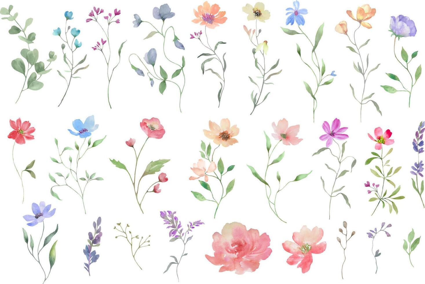 Watercolor floral set with colorful flowers. For greeting cards, invitations Hand drawn illustration. vector