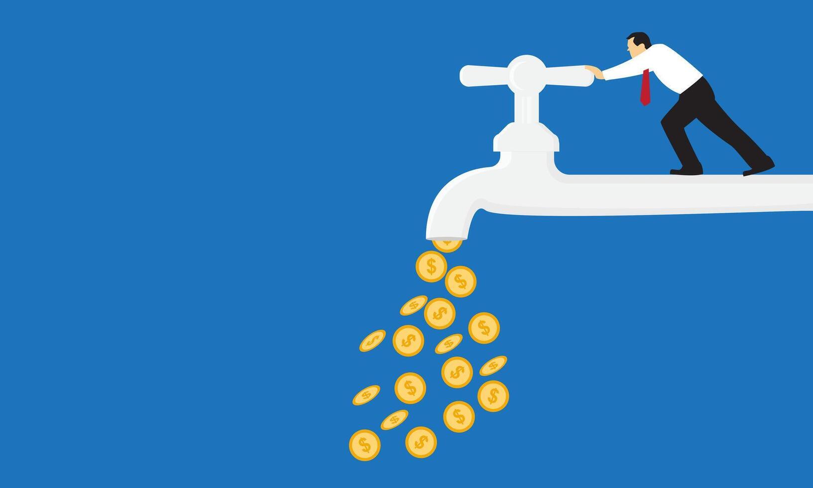 Business owner or investor opening water tap to let gold dollar coins money flowing out. cash flow. vector
