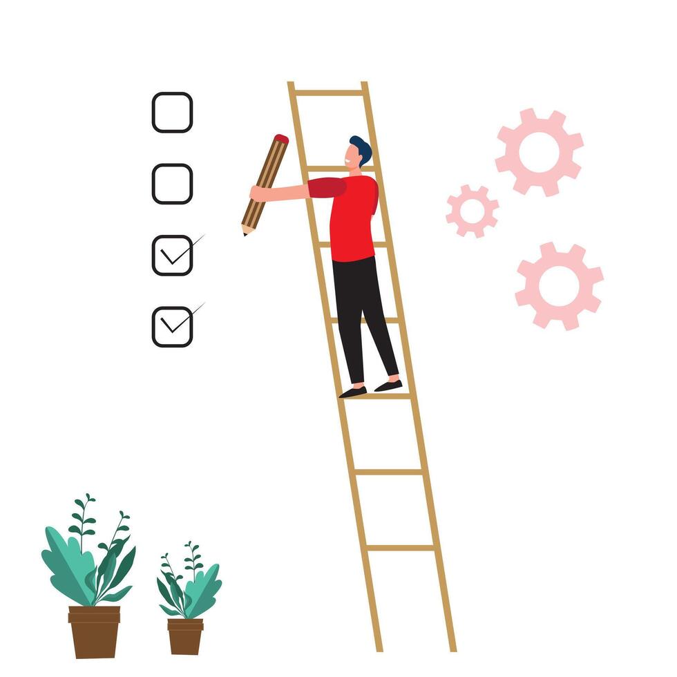 businessman climbing the stairs and holding a pencil to tick the boxes vector
