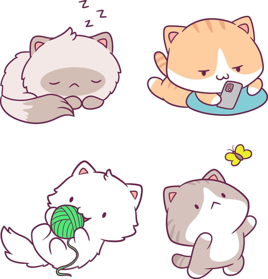 a set of four cartoon cats sleeping and playing with a ball vector