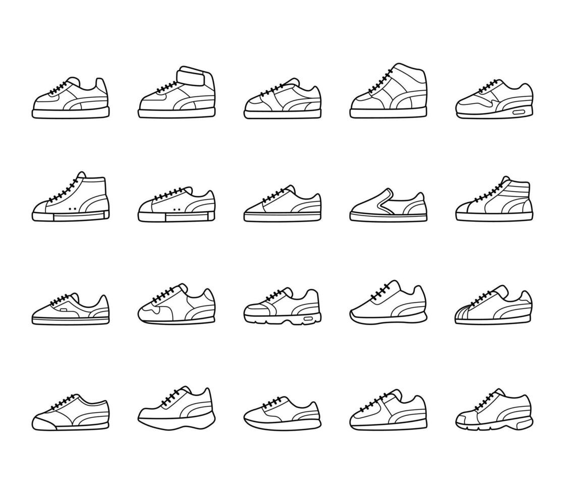 Sneakers icons set, line art illustration vector