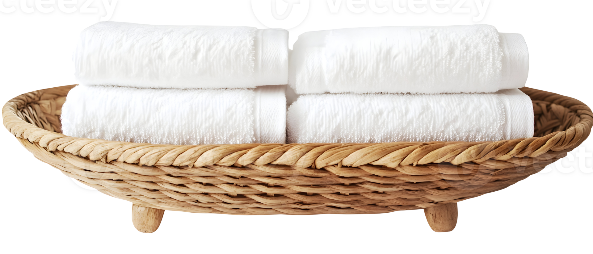 White Rolled Towels Stacked in a Woven Brown Basket on Transparent Background png