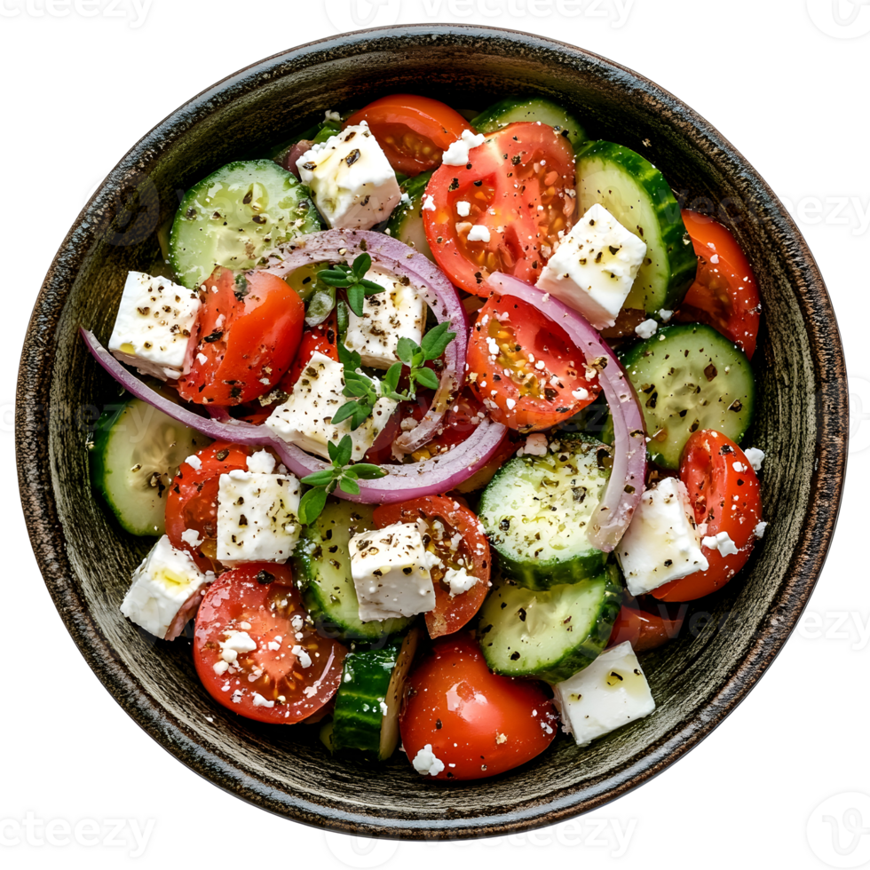 Close Up View of a Freshly Prepared Salad Comprising Tomatoes Cucumbers and Feta Cheese in a Dark Textured Bowl png
