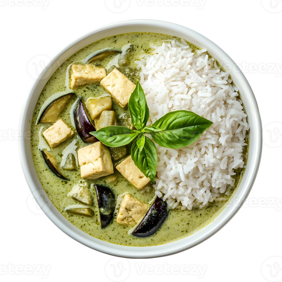 Overhead View of Green Thai Curry with Rice Tofu Eggplant and Basil in a White Bowl with Transparent Background png