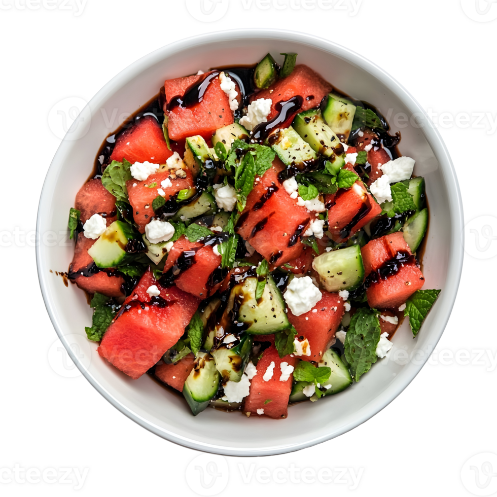 Close Up Of A Fresh Watermelon Salad With Cucumber Feta Cheese Mint And Balsamic Glaze In A White Bowl Isolated On A Transparent Background png