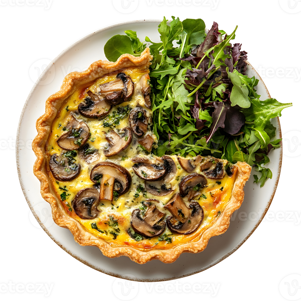 Savory Mushroom Quiche with Salad on a White Plate Isolated on Transparent Background Top View png