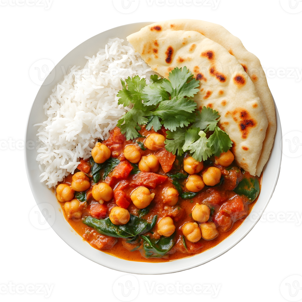 Overhead Shot of Chickpea Curry Rice and Naan Bread on a White Plate Isolated Against a Transparent Background png